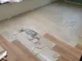 Il pavimento in PVC si solleva in alcune aree, mostrando il sottofondo danneggiato. Si vedono nuove doghe in legno e una spatola.