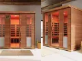 Sauna a infrarossi moderna, con pannelli in legno e porte in vetro. Scopri i benefici per il benessere e il relax.