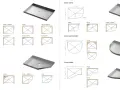 Diverse configurazioni di piatti doccia: quadrati, curvi, semicircolari e pentagonali, con opzioni per angoli, nicchie e pareti.