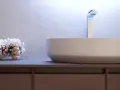 Un moderno lavabo bianco su un mobile in legno scuro, con un pezzo di corallo come decorazione.