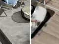 Due diverse opzioni per il miglior pavimento per terrazzo: grigio effetto marmo o effetto legno chiaro.