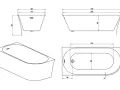 Disegni tecnici di una vasca da bagno freestanding con misure. La vasca da bagno glass ha una forma ovale e bordi curvi.