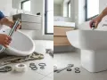 Installazione di un nuovo rubinetto per bidet. Mani che assemblano il pezzo, con attrezzi e guarnizioni a portata di mano.