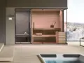 Interno moderno con sauna in legno, doccia e vasca idromassaggio, ideale per chi cerca idee su come costruire una sauna.
