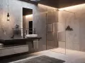 Bagno moderno con lavabo sospeso, specchio illuminato e una doccia o aperta o chiusa con pannelli in vetro rigato e telaio dorato.