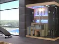 Moderna doccia svedese con sauna e zona doccia, con vista panoramica su un paesaggio verdeggiante e sul mare.