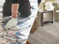 Installazione di tubi per tappeti per riscaldamento a pavimento, che portano calore e comfort in un soggiorno moderno con poltrona e tavolino.
