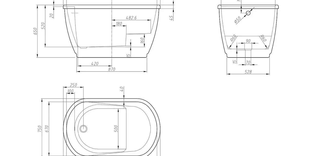 Disegno tecnico per l'installazione vasca da bagno freestanding. Dimensioni e dettagli costruttivi.