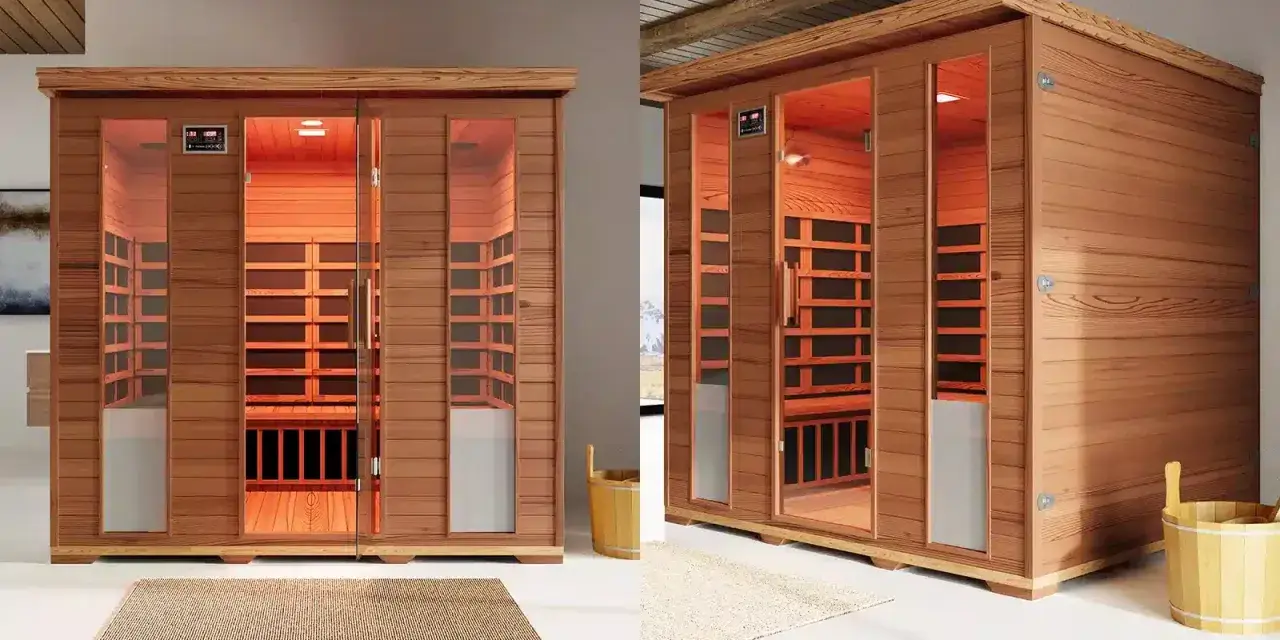 Sauna a infrarossi moderna, con pannelli in legno e porte in vetro. Scopri i benefici per il benessere e il relax.