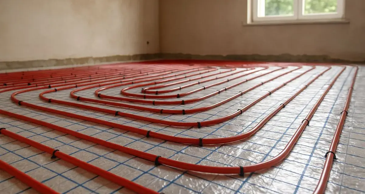 Sistema di riscaldamento a pavimento con tubi rossi disposti a spirale su una griglia blu. L'installazione è pronta per il massetto, garantendo un comfort termico ottimale.