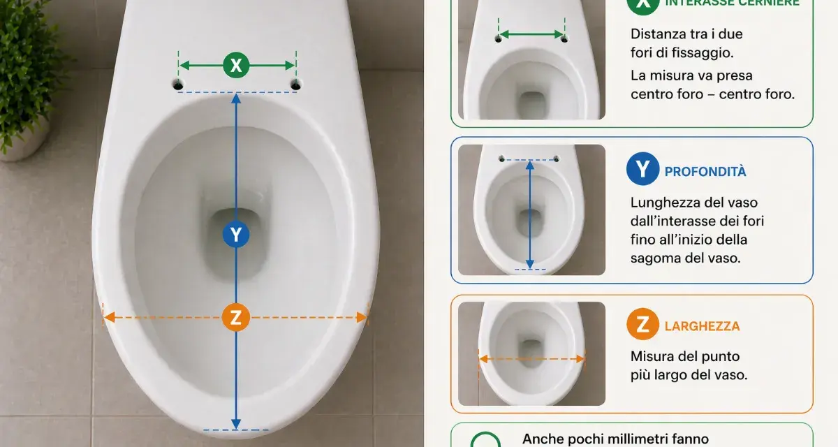 Guida alle copriwater misure: interasse cerniere (X), profondità (Y) e larghezza (Z) per una scelta compatibile.