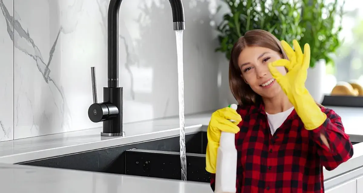 Donna con guanti gialli e spray, fa ok vicino a rubinetti neri che non si rovinano, mostrando la pulizia della cucina.