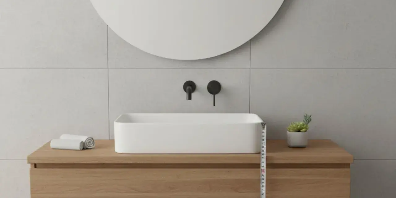 Misurazione dell'altezza lavabo da terra in un bagno moderno con mobile in legno e specchio rotondo.