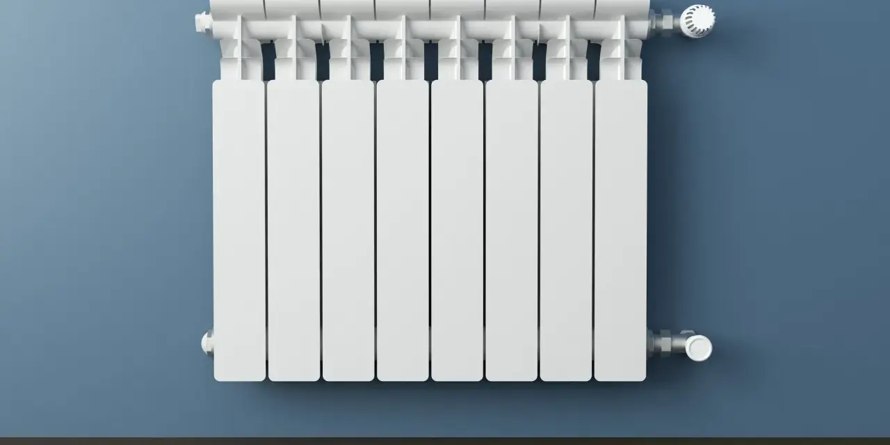 Un termosifone bianco su muro blu. Si intravedono i tubi interni e la valvola termostatica, mostrando come è fatto un termosifone all'interno.