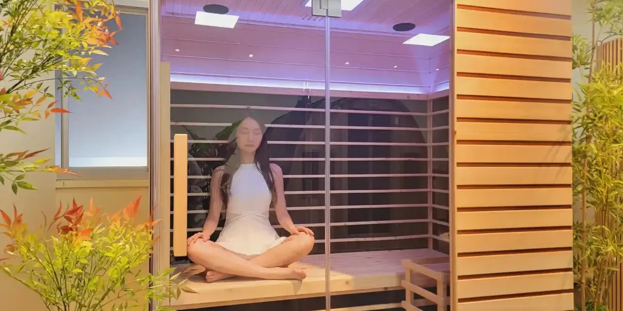 Donna in meditazione in una sauna a infrarossi, un luogo di pace dove ci si chiede perché non sudo in sauna.