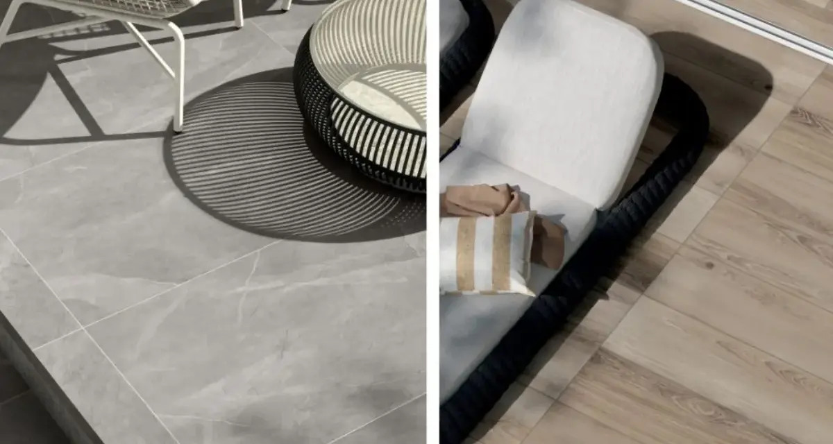Due diverse opzioni per il miglior pavimento per terrazzo: grigio effetto marmo o effetto legno chiaro.