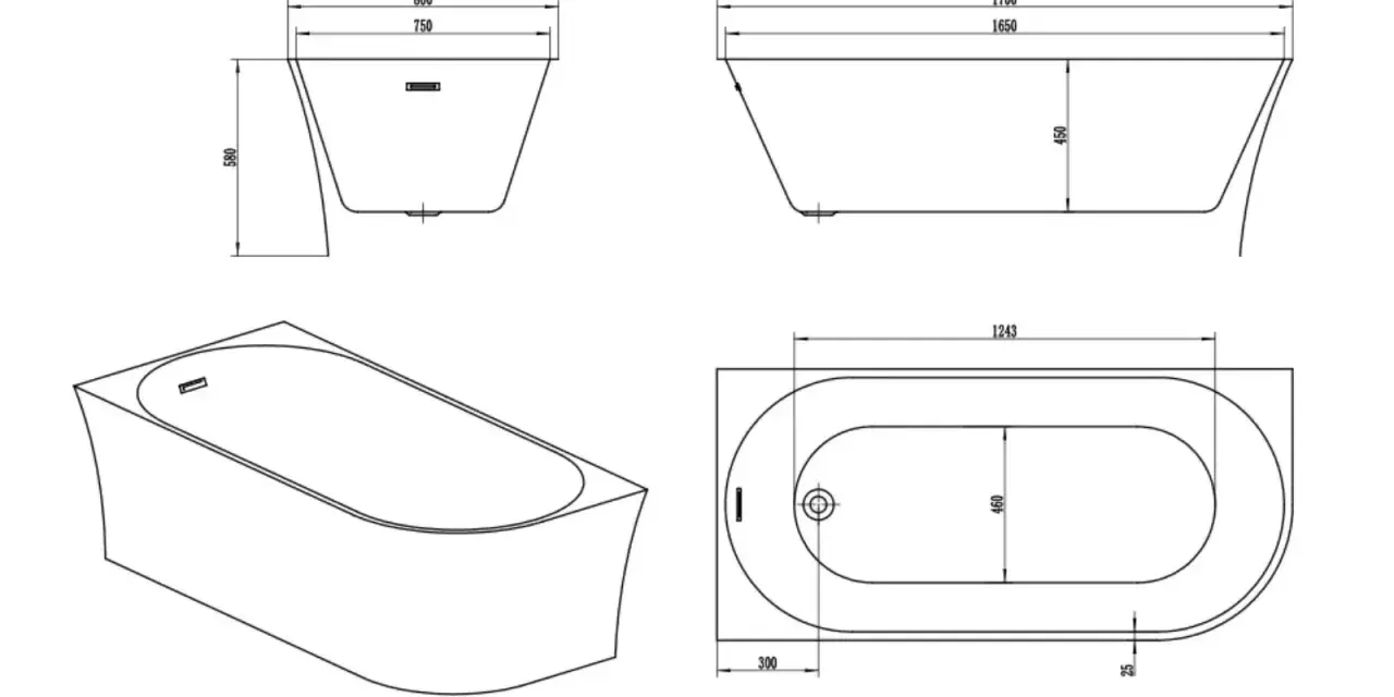Disegni tecnici di una vasca da bagno freestanding con misure. La vasca da bagno glass ha una forma ovale e bordi curvi.