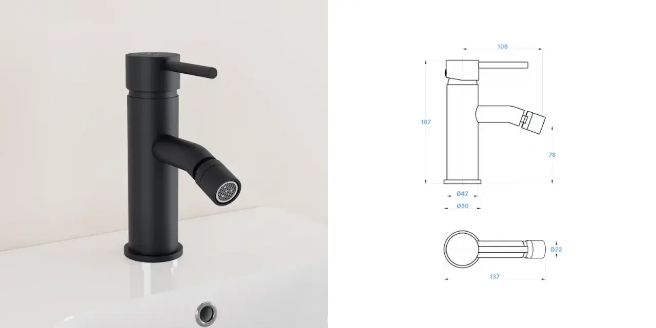 Rubinetto bidet nero opaco, moderno e funzionale, con dettagli tecnici e misure.