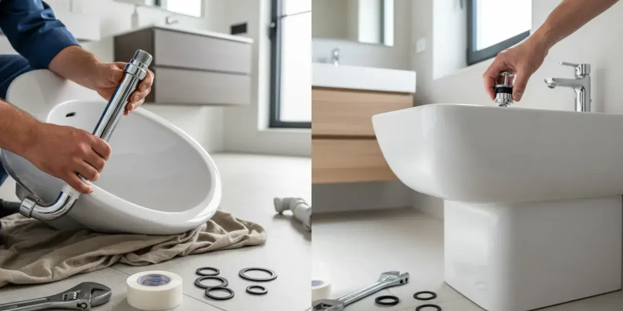 Installazione di un nuovo rubinetto per bidet. Mani che assemblano il pezzo, con attrezzi e guarnizioni a portata di mano.
