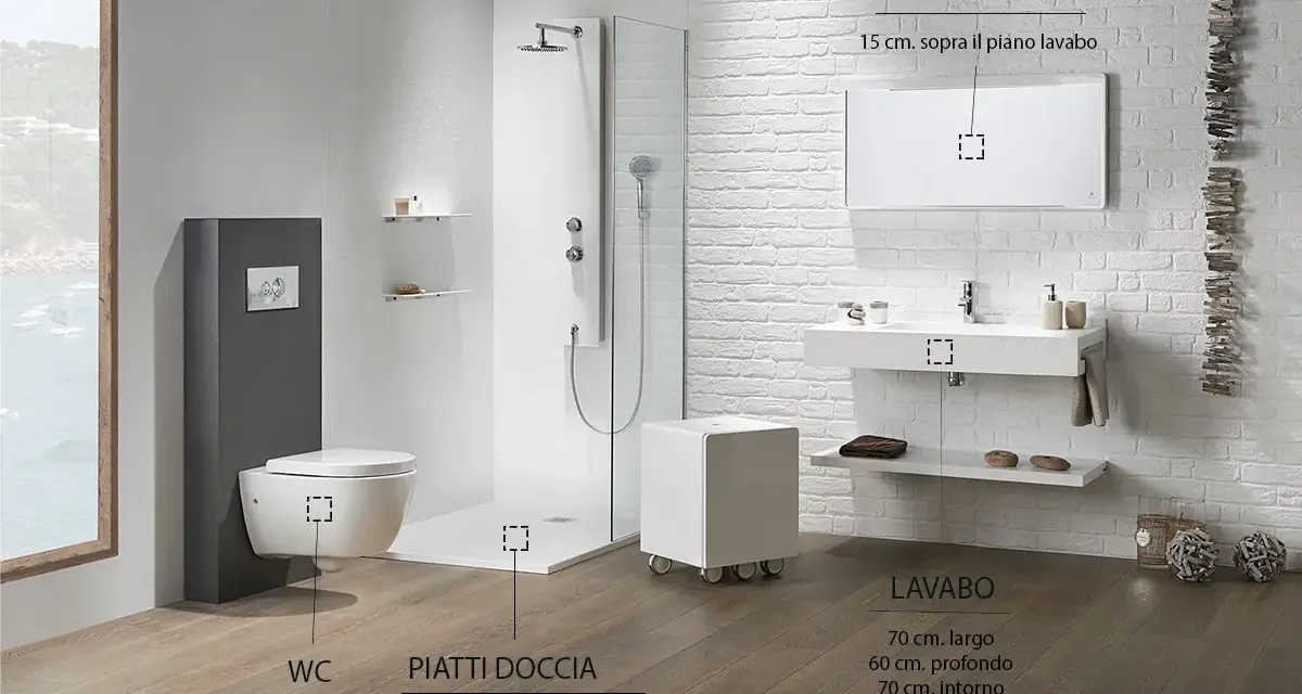 Bagno moderno con WC sospeso (altezza 45 cm), piatto doccia e lavabo (altezza 90 cm).