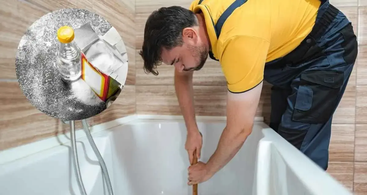 Uomo con sturalavandini prova a sturare la vasca da bagno. In un cerchio, bicarbonato e aceto, rimedi naturali per sturare la vasca da bagno.