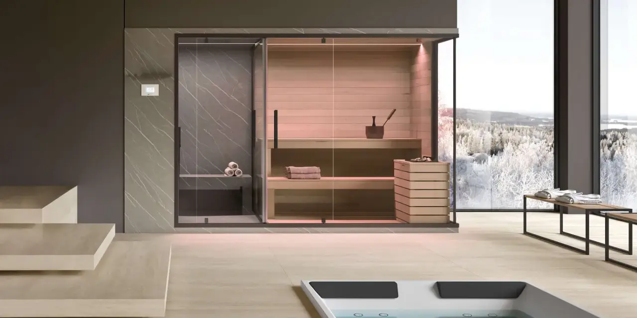 Interno moderno con sauna in legno, doccia e vasca idromassaggio, ideale per chi cerca idee su come costruire una sauna.