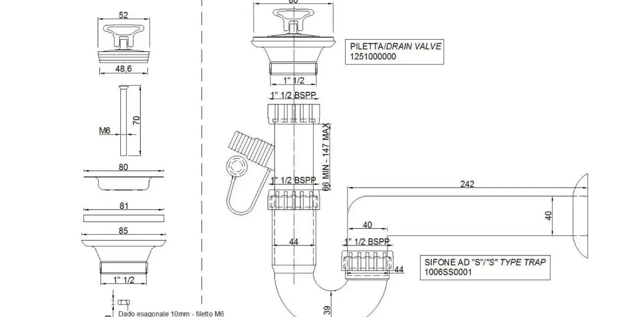 Disegno tecnico di parti di un lavandino: piletta, sifone e dado esagonale.