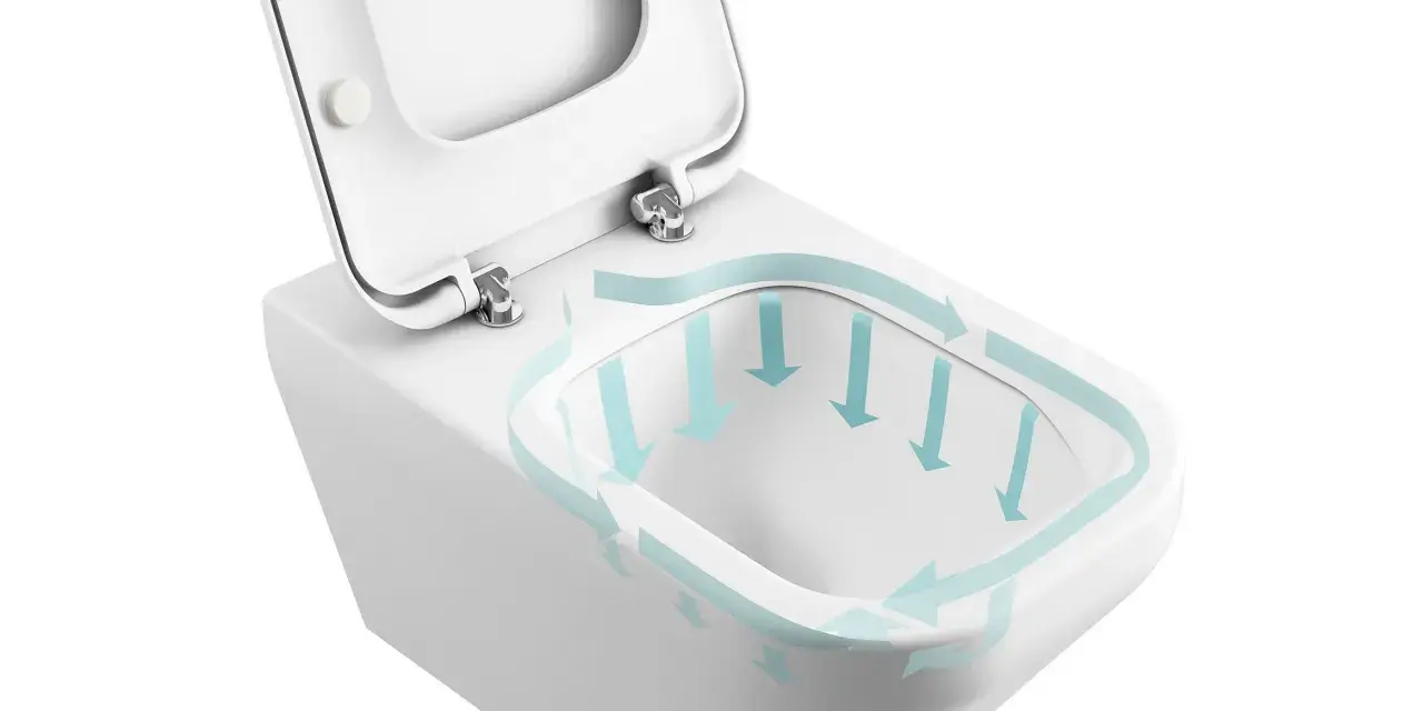 WC con sistema di scarico a turbinio, indicato da frecce azzurre che mostrano il flusso dell'acqua.