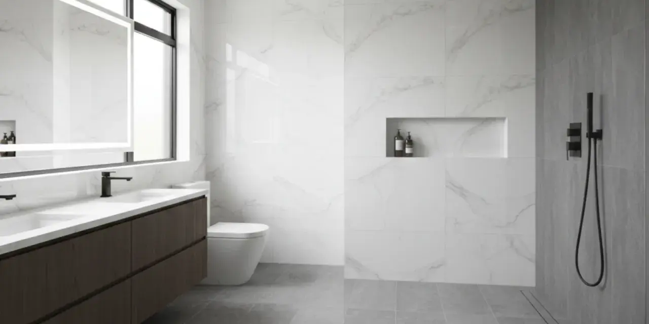Bagno moderno con doppio lavabo, WC e una spaziosa doccia walking.