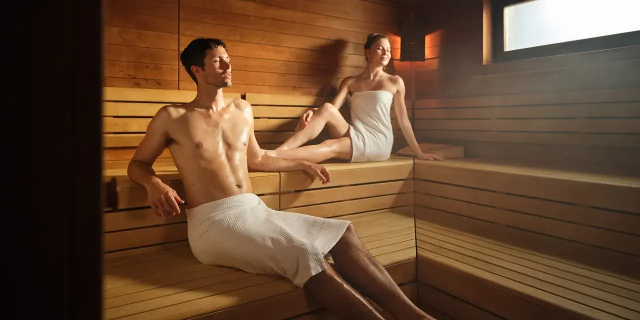 Coppia rilassata in sauna, un ambiente caldo e legnoso. Il calore aiuta a purificare il corpo, e molti credono che fare la sauna fa dimagrire.