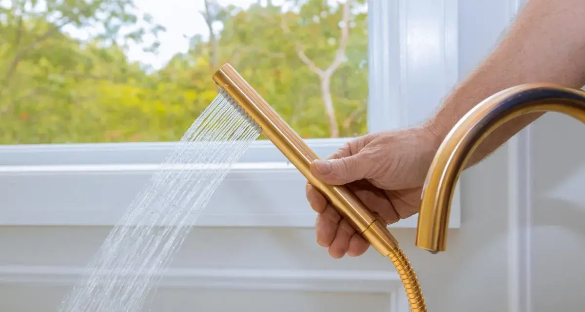 Mano che tiene un soffione doccia dorato, con acqua che scorre. Un esempio pratico su come pulire il tubo flessibile della doccia per un getto ottimale.