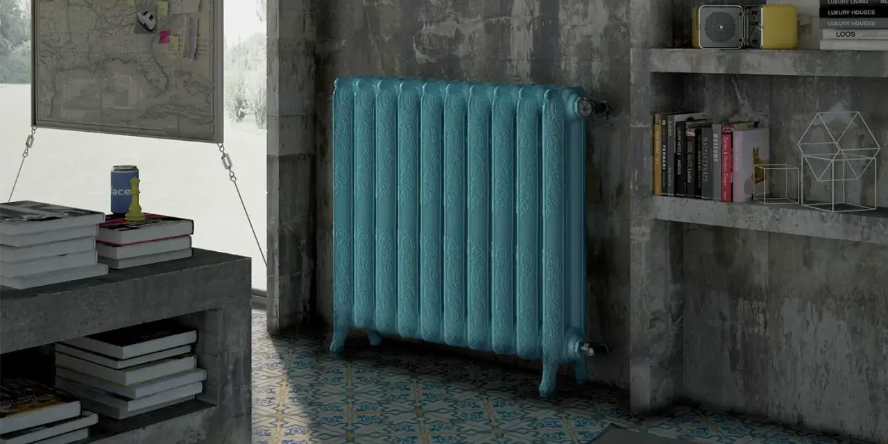 Un elegante termoarredo turchese, con dettagli decorativi, pronto per aprire e chiudere il calore in un ambiente moderno.