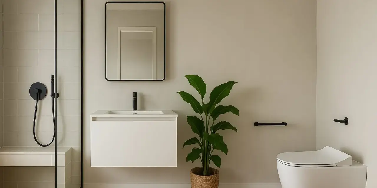 Bagno moderno con doccia, lavabo, specchio e WC. La doccia ha una comoda seduta integrata, ideale per chi cerca idee su come realizzare una seduta nella doccia.