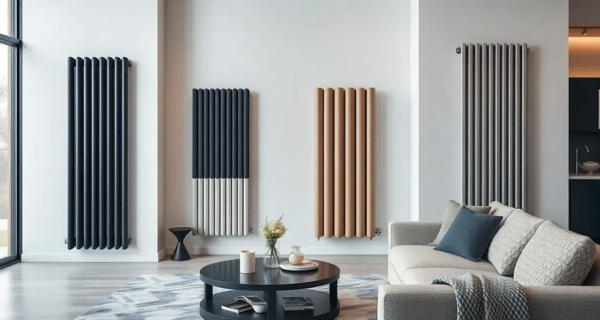 Quattro termosifoni moderni in diverse colorazioni e finiture, ideali per un salotto di design. Scopri i prezzi per rinnovare il tuo ambiente.
