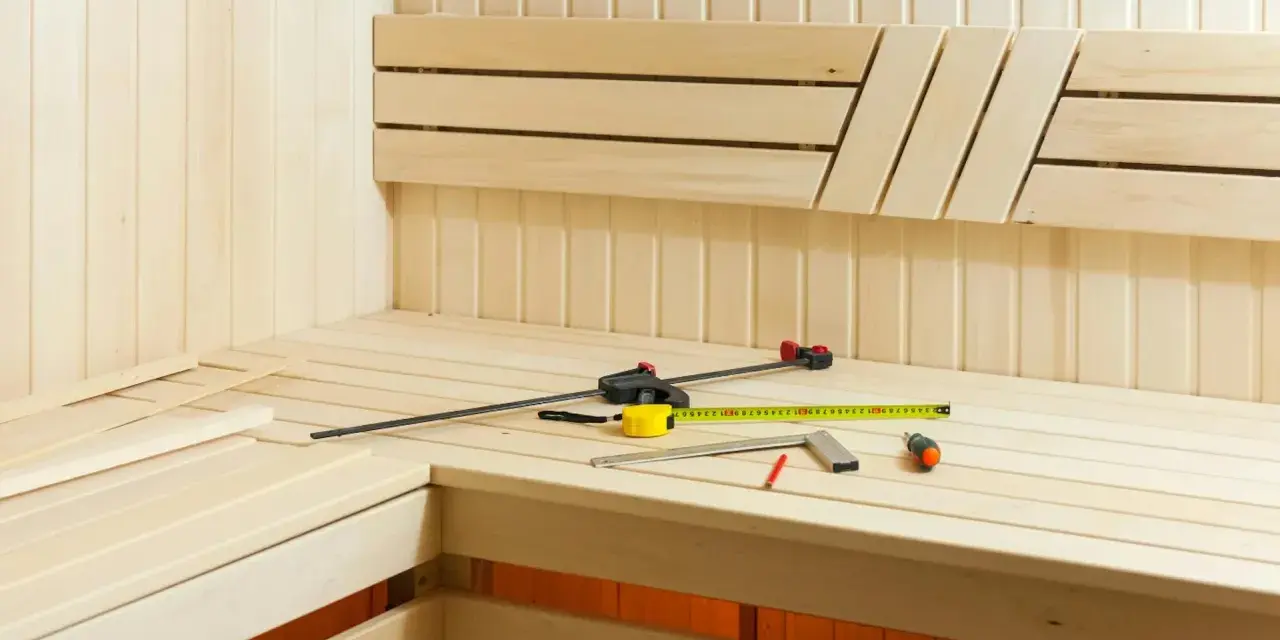 Strumenti da falegname su una panca in legno, pronti per costruire una sauna svedese.
