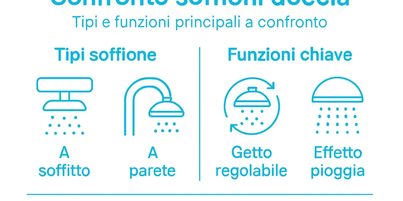 Confronto tipi e funzioni soffioni doccia: a soffitto, a parete, getto regolabile, effetto pioggia. La dimensione soffione doccia varia.