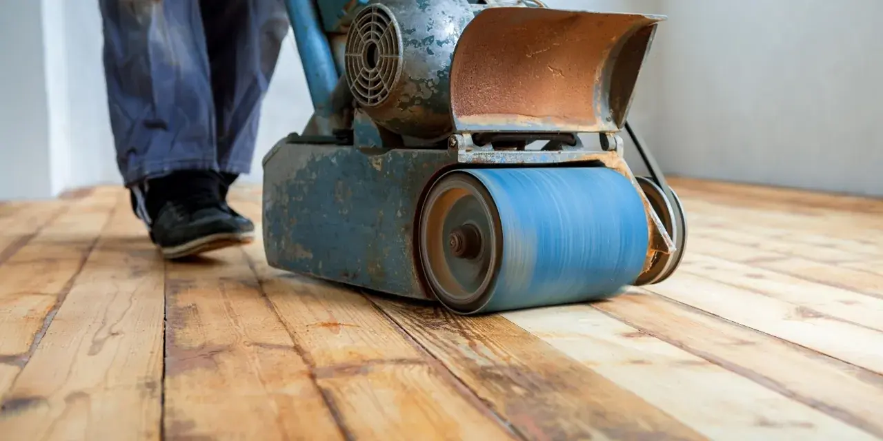 Levigatura parquet: un operaio usa una levigatrice per preparare il pavimento prima dell'imbiancatura. Il legno grezzo risplende sotto la macchina.