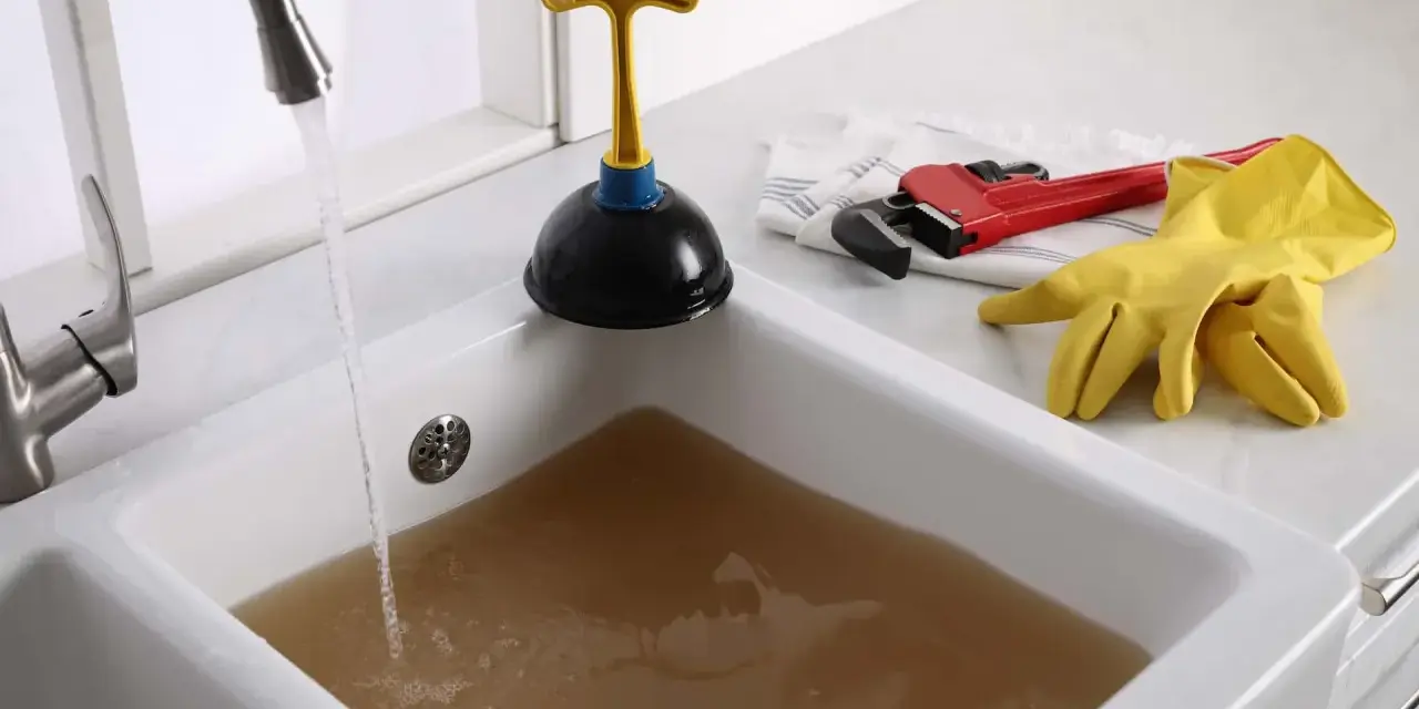 Acqua sporca ristagna in un lavandino bagno otturato. Attrezzi per lo spurgo: sturalavandini, chiave inglese e guanti gialli.