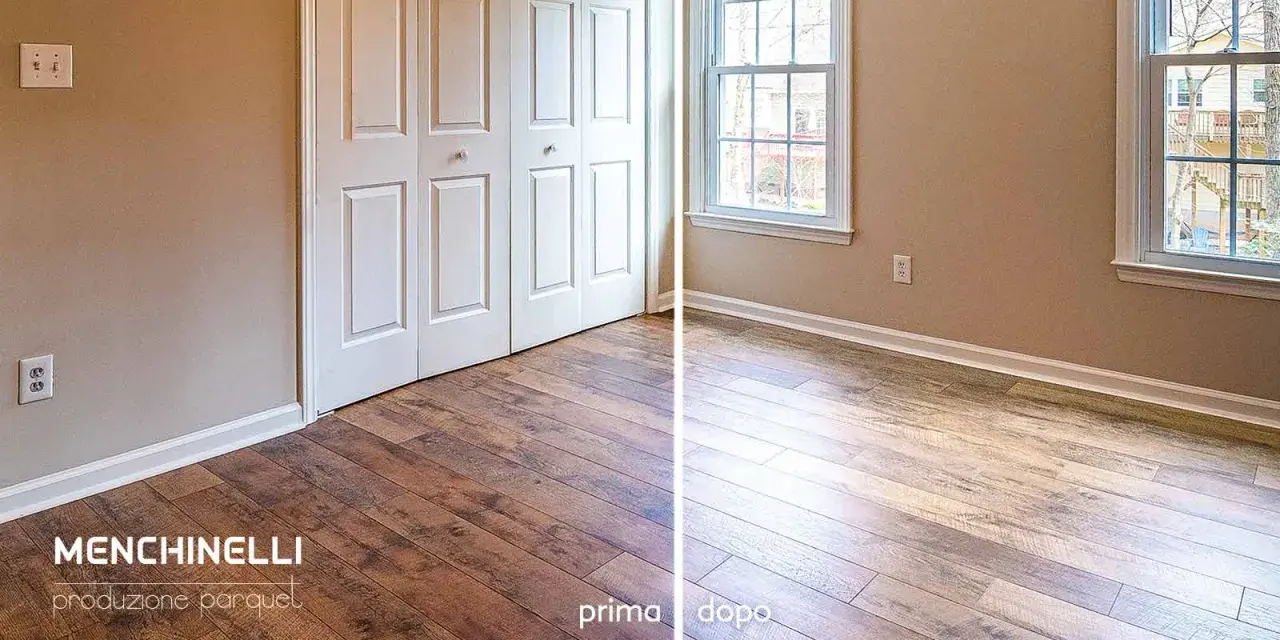 Parquet prima e dopo: un confronto visivo che mostra l'effetto dell'ossidazione sul legno, trasformando il colore e la texture.