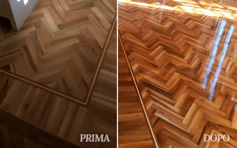 Parquet prima e dopo il trattamento: scopri come togliere la cera dal parquet verniciato per un risultato brillante e protetto.