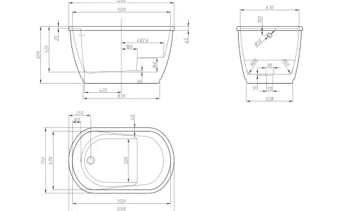 Disegno tecnico per l'installazione vasca da bagno freestanding. Dimensioni e dettagli costruttivi.