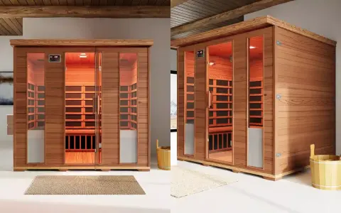 Sauna a infrarossi moderna, con pannelli in legno e porte in vetro. Scopri i benefici per il benessere e il relax.