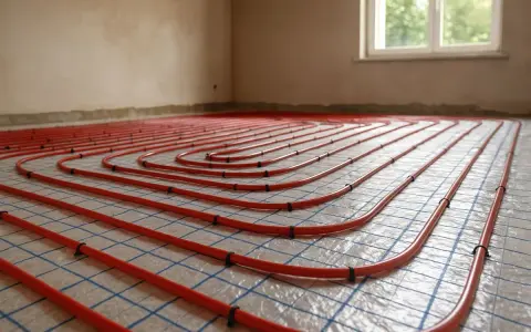 Sistema di riscaldamento a pavimento con tubi rossi disposti a spirale su una griglia blu. L'installazione è pronta per il massetto, garantendo un comfort termico ottimale.