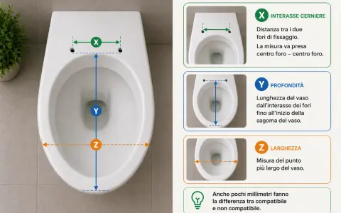 Guida alle copriwater misure: interasse cerniere (X), profondità (Y) e larghezza (Z) per una scelta compatibile.