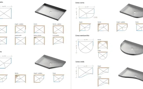 Diverse configurazioni di piatti doccia: quadrati, curvi, semicircolari e pentagonali, con opzioni per angoli, nicchie e pareti.