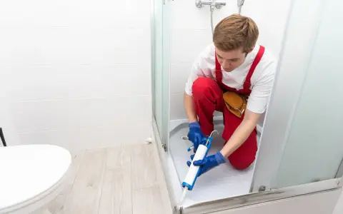 Un operaio con tuta rossa sigilla la fuga tra piatto doccia e piastrelle, prevenendo infiltrazioni d'acqua.