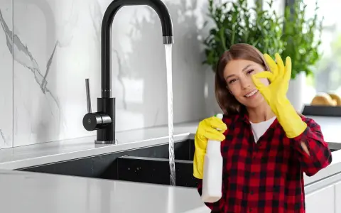 Donna con guanti gialli e spray, fa ok vicino a rubinetti neri che non si rovinano, mostrando la pulizia della cucina.