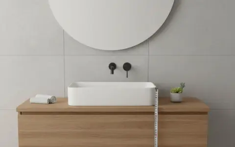 Misurazione dell'altezza lavabo da terra in un bagno moderno con mobile in legno e specchio rotondo.