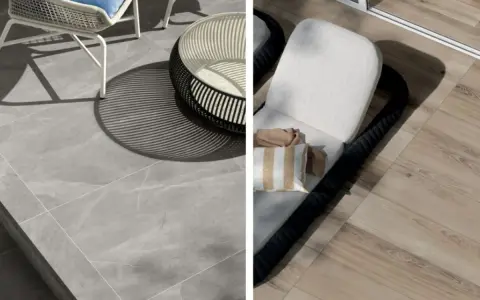 Due diverse opzioni per il miglior pavimento per terrazzo: grigio effetto marmo o effetto legno chiaro.