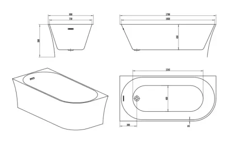 Disegni tecnici di una vasca da bagno freestanding con misure. La vasca da bagno glass ha una forma ovale e bordi curvi.